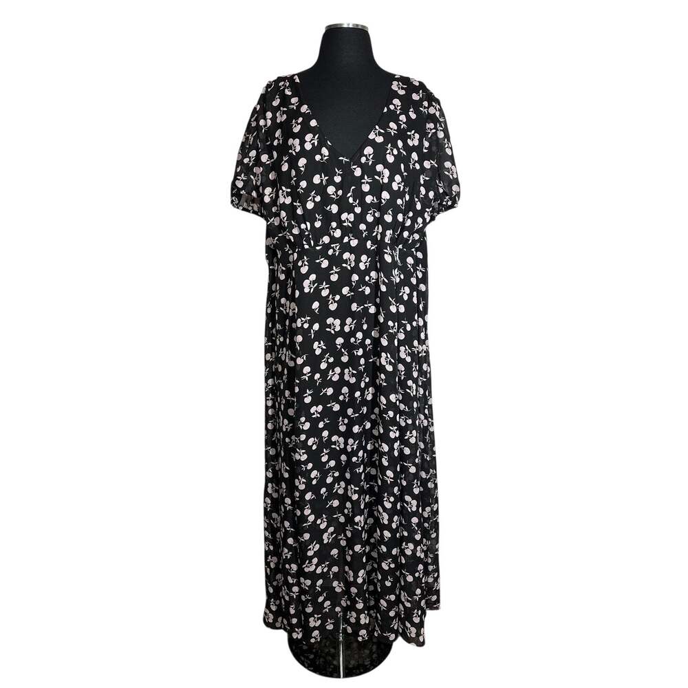 Betsey Johnson Alton Chiffon Maxi Dress 24W Cherry Pattern Black White Lined